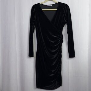 Guberry Black Velvet Ruched Bodycon Dress Long Sleeve